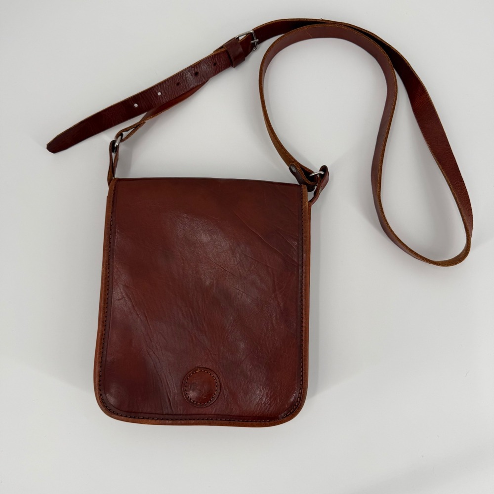 Vintage Brown Leather Crossbody Bag Triple Compartment Messenger Cognac Small